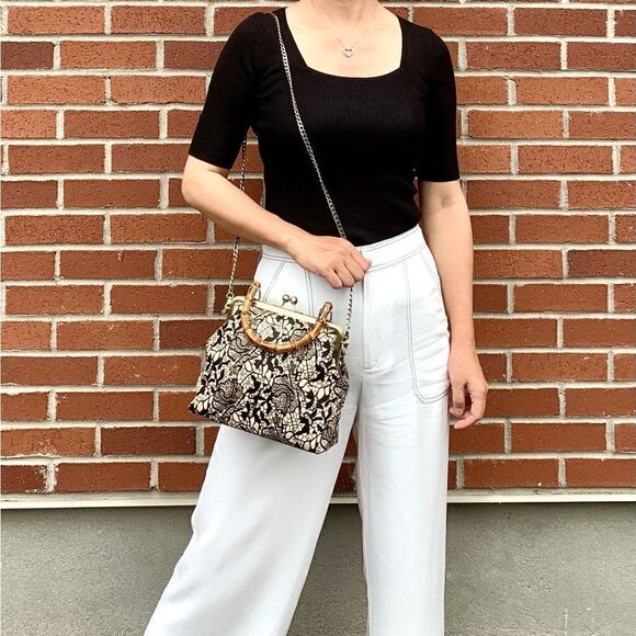 Handmade Real hair-on-horsehide Black Lace Printed Metal Frame Bamboo Handle Bag - Picture 10 of 16